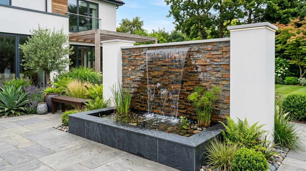 Stone waterfall and landscaped outdoor feature built by Savutha